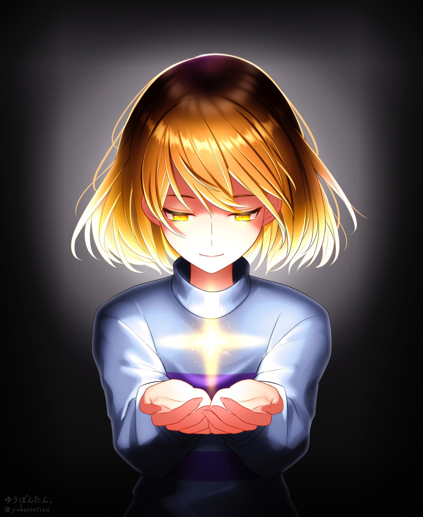 1other androgynous artist_name black_background blue_sweater bob_cut brown_hair closed_mouth constricted_pupils dark double_horizontal_stripe eyelashes floating floating_hair floating_object frisk_(undertale) glowing glowing_eyes gradient_background grey_background hair_spread_out highres light_smile long_sleeves looking_at_object looking_down loose_hair_strand narrowed_eyes own_hands_together peaceful purple_sweater reaching reaching_towards_viewer shaded_face short_hair signature smile solo sparkle standing sweater turtleneck turtleneck_sweater twitter_username two-tone_sweater undertale yellow_eyes yuupontan.