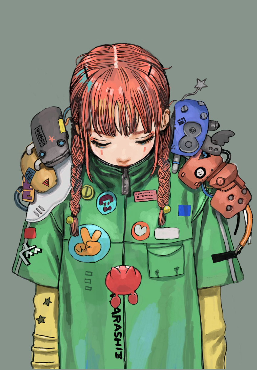 1girl badge braid button_badge covered_mouth eyeshadow facial_mark grey_background hair_bobbles hair_ornament hairclip head_down highres jacket junjunforever layered_sleeves looking_down makeup mechanical_parts original patch pink_hair solo twin_braids upper_body zipper zipper_pull_tab
