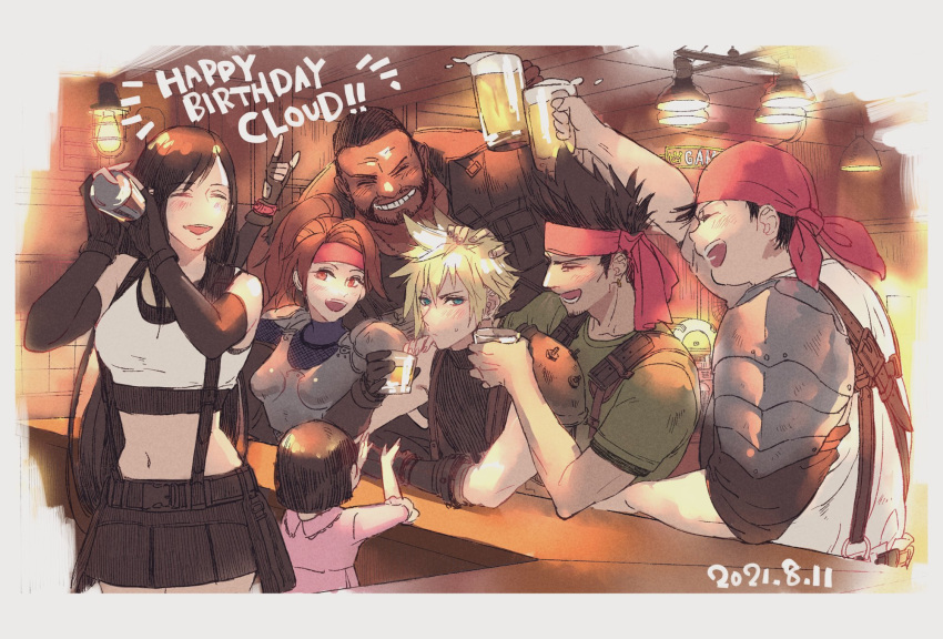 3girls 4boys armor bandana bare_shoulders barret_wallace bartender beard biggs_(ff7) black_bra black_gloves black_hair black_skirt blonde_hair blue_eyes blue_leotard blush bra breastplate breasts brown_hair character_name closed_eyes cloud_strife cocktail_shaker cowboy_shot crop_top cup dark-skinned_male dark_skin dated dress earrings elbow_pads facial_hair father_and_daughter final_fantasy final_fantasy_vii final_fantasy_vii_remake fingerless_gloves gloves green_shirt grin hand_on_another's_head happy_birthday hatomugi_gohan headband highres holding holding_cup indoors jessie_rasberry jewelry leotard light_bulb long_hair marlene_wallace medium_breasts midriff miniskirt multiple_boys multiple_girls navel open_mouth parted_bangs pink_dress pleated_skirt ponytail red_bandana red_eyes red_headband shirt short_hair shoulder_armor single_earring skirt sleeveless sleeveless_shirt sleeveless_turtleneck smile spiky_hair sports_bra suspenders sweatdrop tavern teeth tifa_lockhart turtleneck turtleneck_leotard underwear upper_body very_short_hair wedge_(ff7) white_shirt