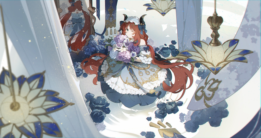 1girl ;) absurdres back_bow blue_bow blue_flower blue_rose blush bouquet bow ceiling_light closed_mouth dress fake_horns flower frilled_hairband frills genshin_impact green_eyes hair_bow hairband highres holding holding_bouquet horns lightfish looking_at_viewer mirror nilou_(genshin_impact) nilou_(gigo)_(genshin_impact) off-shoulder_dress off_shoulder official_alternate_costume one_eye_closed purple_flower reflection rose smile solo twintails white_dress white_flower white_hairband