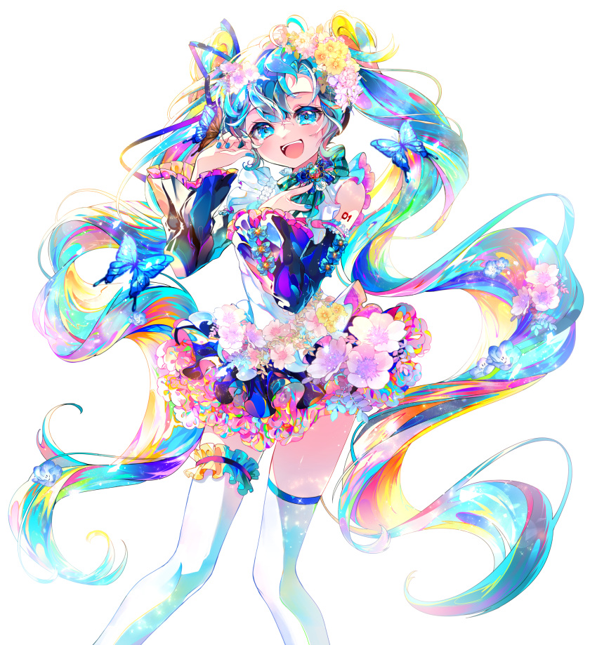 1girl :d aqua_eyes aqua_hair aqua_nails arm_tattoo blue_butterfly bug butterfly detached_sleeves feet_out_of_frame flower flower_skirt hair_between_eyes hair_flower hair_ornament hand_on_own_chest hands_up hatsune_miku highres long_hair looking_at_viewer multicolored_hair open_mouth rainbow_hair shirayuki_towa smile solo tattoo thigh-highs thigh_strap twintails very_long_hair vocaloid white_background white_thighhighs