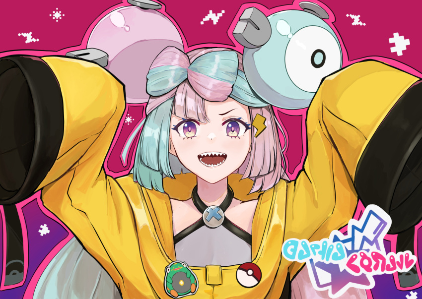 &gt;:) 1girl aqua_hair arms_up blue_hair bow-shaped_hair character_hair_ornament gradient_background hair_ornament hairstyle_request highres iono_(pokemon) jacket light_blue_hair lightning_bolt_hair_ornament lightning_bolt_symbol long_sleeves looking_at_viewer multicolored_hair open_mouth oversized_clothes pink_hair pokemon pokemon_(game) pokemon_sv sharp_teeth sleeves_past_fingers sleeves_past_wrists smile solo split-color_hair straight-on teeth tentaizukan two-tone_hair upper_body v-shaped_eyebrows very_long_sleeves violet_eyes x yellow_jacket