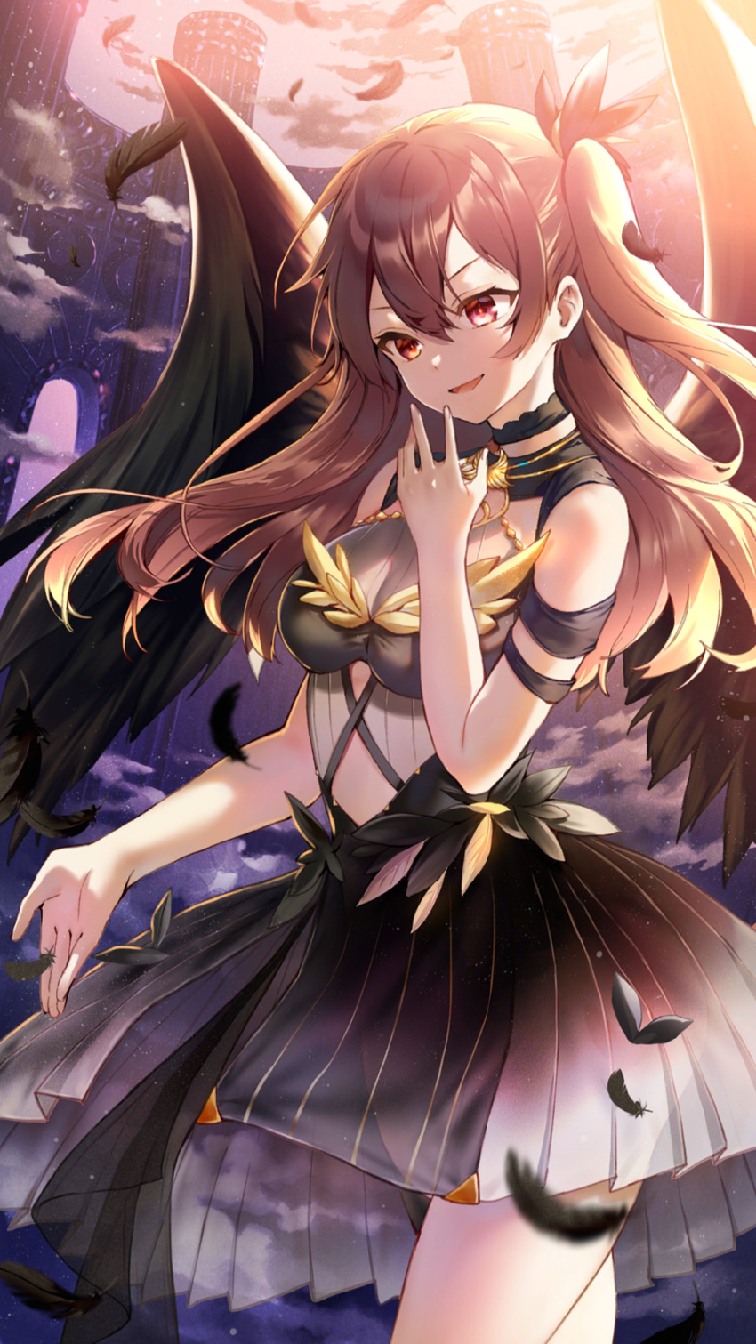 1girl :d bare_arms bare_shoulders black_bow black_dress black_feathers black_wings bow breasts brown_hair clothing_cutout clouds column cowboy_shot dress falling_feathers feathered_wings feathers floating_hair girl_cafe_gun hair_between_eyes hair_bow hand_to_own_mouth hand_up highres irene_white_(girl_cafe_gun) long_hair looking_at_viewer medium_breasts official_art one_side_up pillar pleated_dress red_eyes short_dress short_sleeves shoulder_cutout sidelighting smile solo stomach_cutout twilight underboob_cutout v-shaped_eyebrows wings