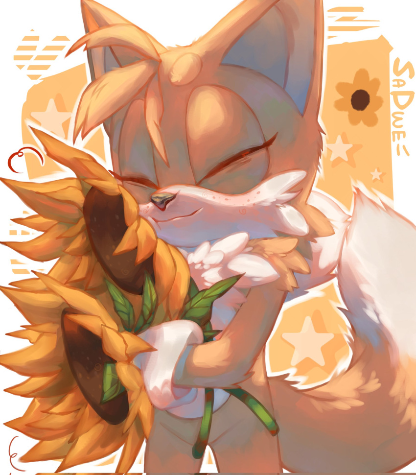 1boy animal_ears animal_nose artist_name closed_eyes closed_mouth commentary english_commentary flower fox_boy fox_ears fox_tail furry furry_male gloves highres male_focus multiple_tails orange_fur sadw_e simple_background smile sonic_(series) standing sunflower tail tails_(sonic) white_gloves