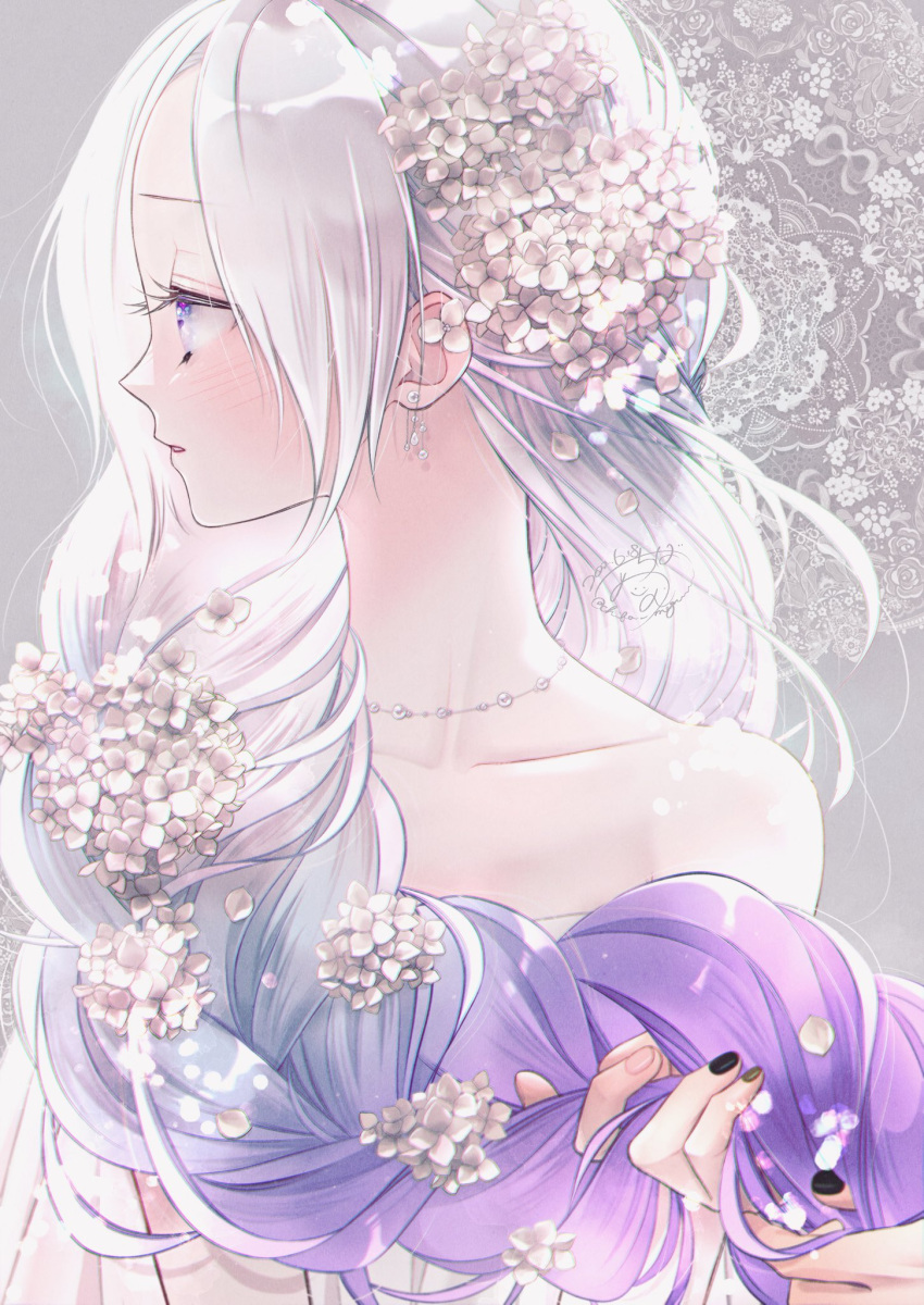 1girl black_nails blush braid chiba_megumu collarbone dangle_earrings doily dress ear_piercing earrings flower flower_braid flower_earrings gradient_hair grey_background grey_hair grey_nails hair_flower hair_ornament highres holding_another's_hair hydrangea jewelry long_hair looking_to_the_side multicolored_hair nail_polish necklace off-shoulder_dress off_shoulder original out_of_frame parted_bangs parted_lips pearl_earrings pearl_necklace piercing pink_nails profile purple_hair signature single_braid solo upper_body violet_eyes white_dress white_flower white_hair