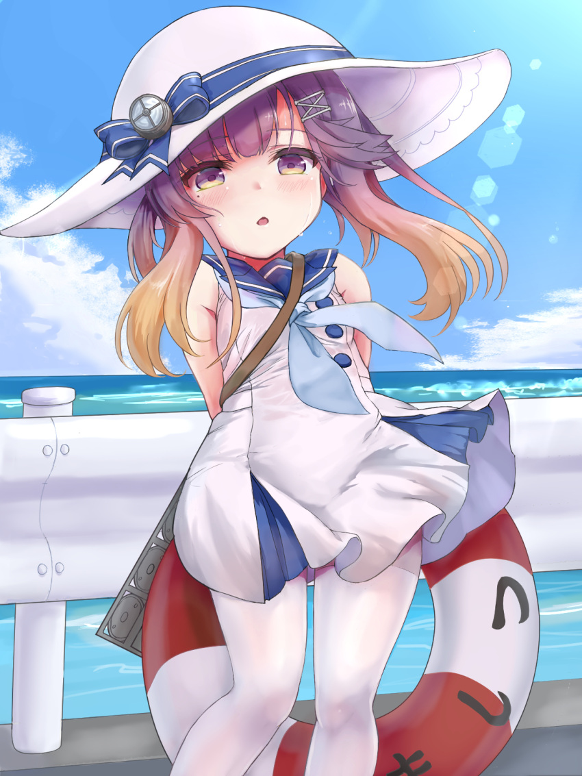 1girl adapted_costume blue_neckerchief blue_sailor_collar blue_sky clouds day dress em_s feet_out_of_frame gradient_hair hat highres kantai_collection lifebuoy long_hair multicolored_hair neckerchief orange_hair outdoors pantyhose purple_hair sailor_collar sailor_dress short_dress sidelocks sky sleeveless sleeveless_dress solo standing sun_hat tsushima_(kancolle) violet_eyes white_dress white_headwear white_pantyhose