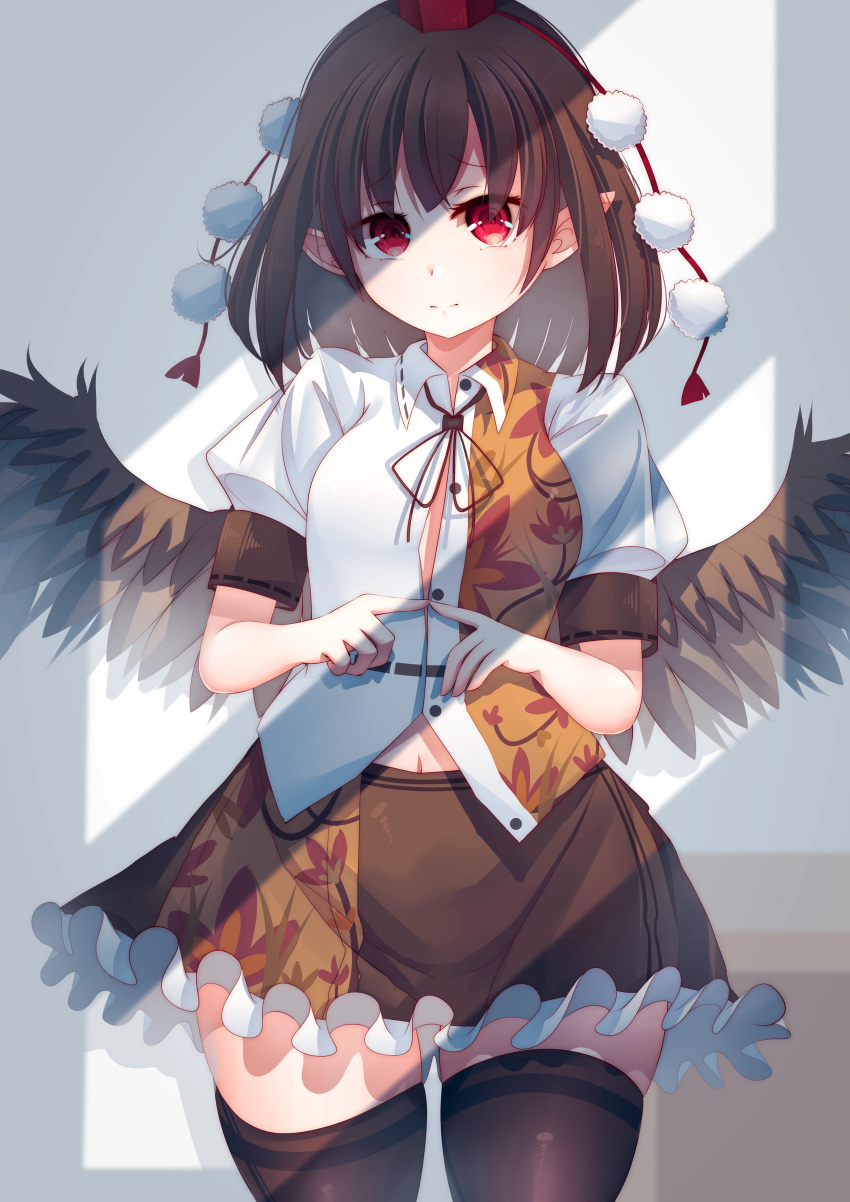 1girl absurdres bird_wings black_ribbon black_skirt black_thighhighs black_wings brown_hair hat highres index_fingers_together indoors leaf_print looking_at_viewer maple_leaf_print penglai_tea pointy_ears pom_pom_(clothes) puffy_short_sleeves puffy_sleeves red_eyes red_headwear ribbon shade shameimaru_aya shirt short_hair short_sleeves skirt solo sunlight thigh-highs thigh_gap tokin_hat touhou white_shirt window_shade wings
