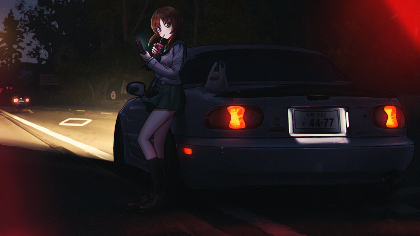 1girl absurdres black_neckerchief black_socks brown_eyes brown_footwear brown_hair car cellphone commentary drinking drinking_straw english_commentary flip_phone full_body girls_und_panzer green_skirt highres holding holding_phone kneehighs license_plate loafers looking_at_viewer mazda_mx-5 mizzterbii motor_vehicle neckerchief night nishizumi_miho ooarai_school_uniform outdoors phone road sailor_collar school_uniform shoes short_hair skirt socks solo sports_car tail_lights vehicle_focus white_sailor_collar winter_uniform