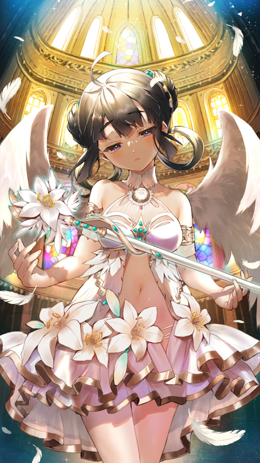 1girl :o ahoge arched_window armlet bare_shoulders black_hair braid braided_bun church clothing_cutout cowboy_shot double_bun dress dress_flower falling_feathers feathered_wings flower frown girl_cafe_gun hair_bun hair_rings half-closed_eyes hand_up head_tilt highres holding holding_staff indoors kikuri_yuki light_particles lily_(flower) navel navel_cutout official_art short_dress short_hair sleeveless sleeveless_dress solo staff stained_glass violet_eyes white_dress white_flower white_wings wings