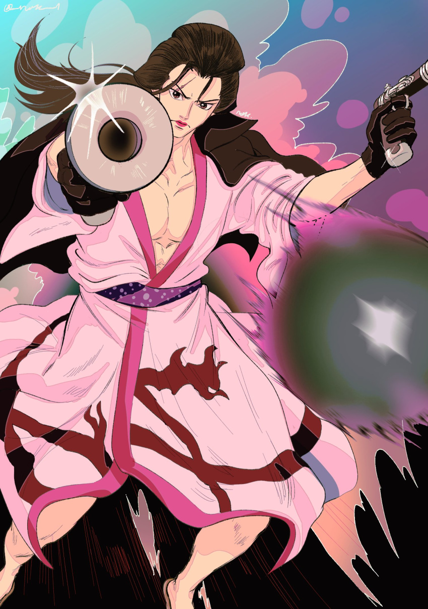 1boy black_hair dual_wielding feet_out_of_frame foreshortening frown gun highres holding holding_gun holding_weapon izou_(one_piece) japanese_clothes kimono long_hair looking_at_viewer male_focus nok_(nok_1) one_piece open_clothes open_kimono pectoral_cleavage pectorals pink_kimono pointing_weapon red_lips serious solo weapon
