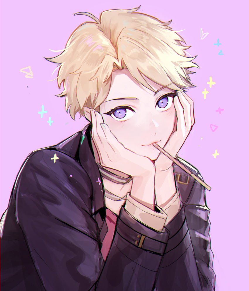 1boy blonde_hair commentary ensemble_stars! food_in_mouth hands_on_own_face hands_up highres long_sleeves looking_at_viewer male_focus narukami_arashi pink_background pocky_in_mouth riri_(artist) short_hair solo star_(symbol) upper_body violet_eyes