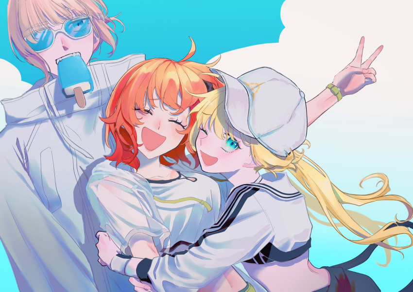 1boy 2girls ahoge artoria_caster_(fate) artoria_caster_(swimsuit)_(fate) artoria_pendragon_(fate) baseball_cap black_scrunchie blue_sky blush ca_(ca_gemini) closed_eyes clouds commentary_request cropped_jacket fate/grand_order fate_(series) fujimaru_ritsuka_(female) fujimaru_ritsuka_(female)_(summer_street) green_eyes grey_hair hair_ornament hair_scrunchie hat height_difference highres hood hood_down hoodie hug jacket long_hair long_sleeves multiple_girls oberon_(fate) official_alternate_costume one_eye_closed open_mouth orange_hair outdoors scrunchie shirt short_hair side_ponytail sky smile sunglasses twintails v white_headwear white_hoodie white_jacket white_shirt