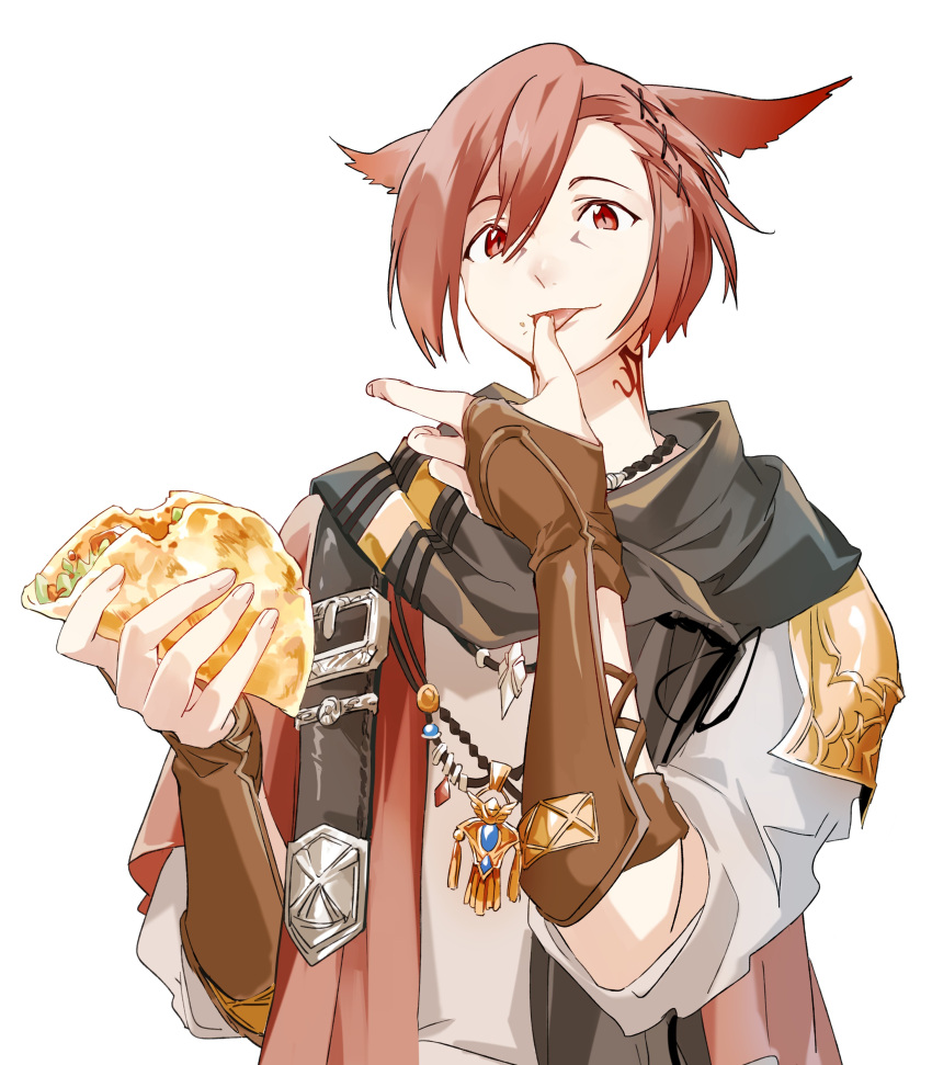1boy absurdres amulet animal_ears armor black_scarf brown_gloves cat_ears facial_mark final_fantasy final_fantasy_xiv fingerless_gloves food g'raha_tia gloves hair_between_eyes hair_ornament highres holding holding_food jewelry licking licking_finger male_focus miqo'te neck_tattoo necklace nuoi407 red_eyes redhead scarf shirt short_hair shoulder_armor sleeves_rolled_up slit_pupils solo taco tattoo tongue tongue_out white_background white_shirt x_hair_ornament