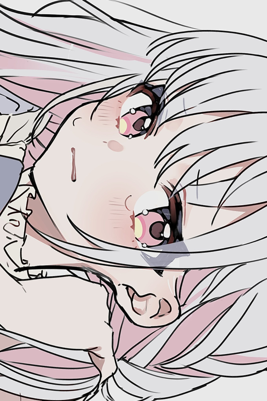 1girl blush close-up closed_mouth hand_on_own_shoulder highres long_hair looking_at_viewer original pink_eyes scared solo translucent_hair white_hair yuuki_hajime