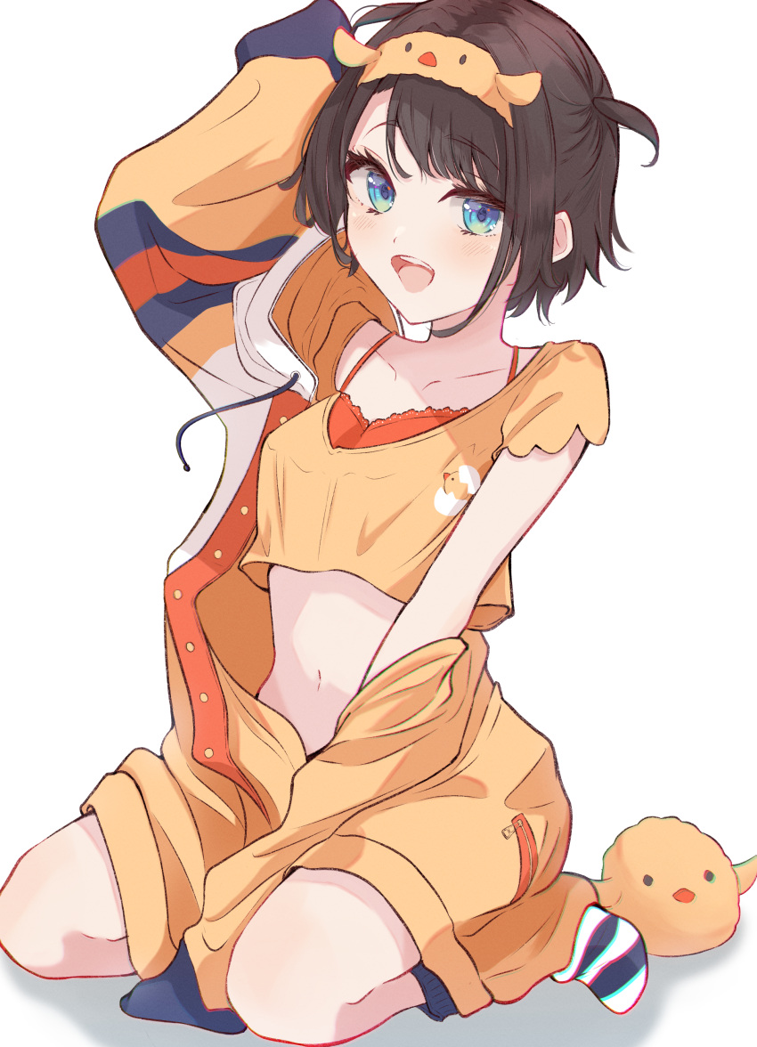 1girl absurdres blue_eyes brown_hair highres hololive looking_at_viewer midriff navel nishiki_yuno off_shoulder onesie oozora_subaru open_mouth orange_shirt shirt short_hair sleeves_past_wrists solo stuffed_animal stuffed_duck stuffed_toy swept_bangs unbuttoned virtual_youtuber