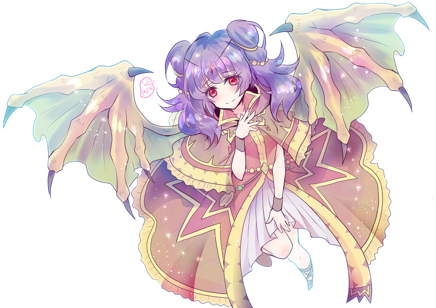 1girl blush collared_dress dragon_girl dragon_wings dress fire_emblem fire_emblem:_the_sacred_stones gold_trim green_wings highres layered_dress light_particles light_smile long_eyelashes looking_at_viewer myrrh_(fire_emblem) pale_skin pata_(teihanpatsu) purple_hair red_eyes shawl twintails white_background wings wrist_cuffs