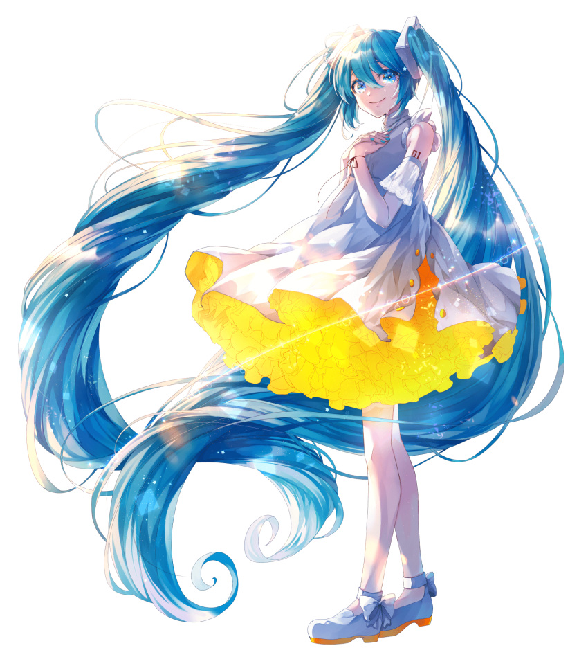 1girl absurdly_long_hair aqua_nails arm_tattoo bare_shoulders blue_eyes blue_hair bow crying crying_with_eyes_open dress footwear_bow hair_between_eyes hands_on_own_chest hatsune_miku highres layered_dress long_hair looking_at_viewer smile solo standing tattoo tears twintails two-tone_dress very_long_hair vocaloid white_background white_dress white_footwear