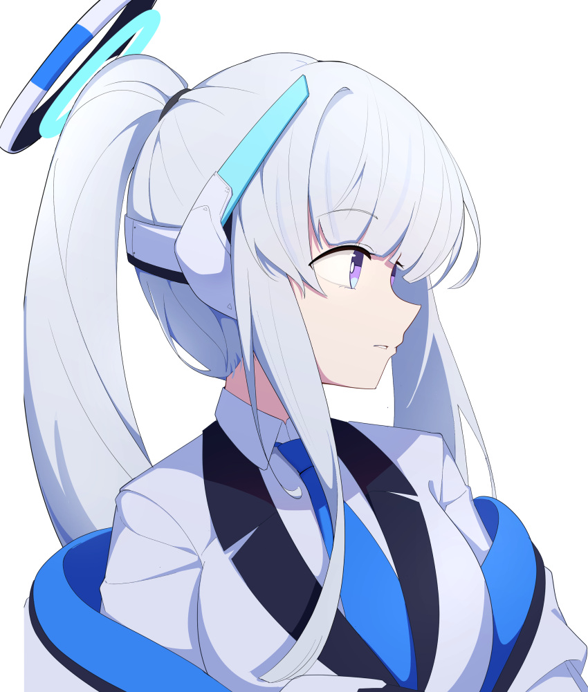 1girl absurdres alternate_hairstyle blue_archive blue_necktie grey_hair halo highres jacket looking_to_the_side mechanical_ears mechanical_halo necktie noa_(blue_archive) oil_sob ponytail shirt simple_background solo violet_eyes white_background white_jacket white_shirt