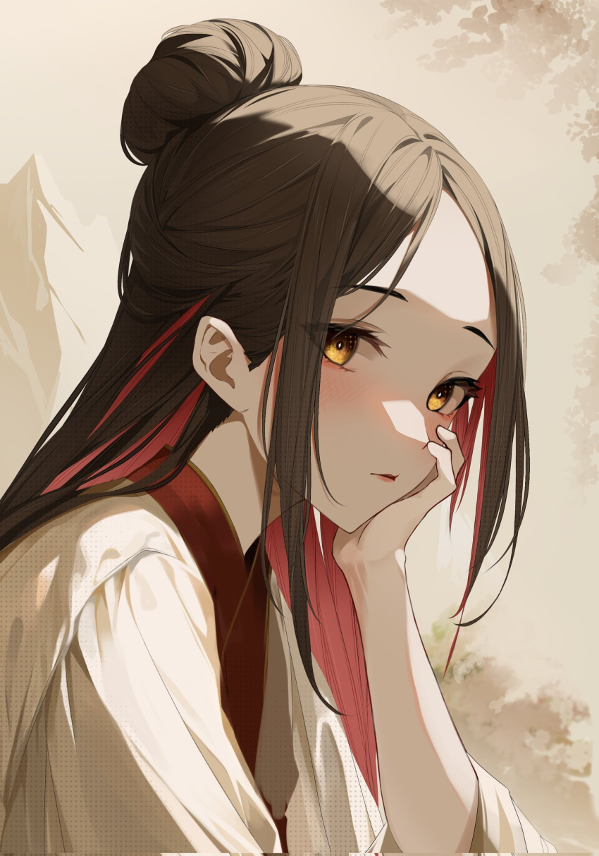 1girl brown_background brown_eyes brown_hair chinese_clothes closed_mouth colored_inner_hair hair_bun hand_up hanfu head_rest highres looking_at_viewer looking_to_the_side luneei5 multicolored_hair original redhead solo upper_body wide_sleeves