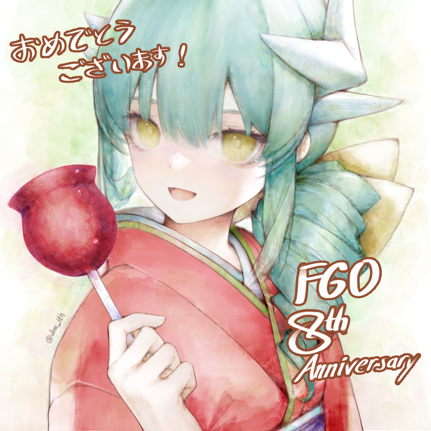 1girl anniversary bow candy_apple dmith dragon_horns drill_hair fate/grand_order fate_(series) food green_hair hair_bow highres horns japanese_clothes kimono kiyohime_(fate) multiple_horns open_mouth red_kimono side_drill smile solo yellow_eyes