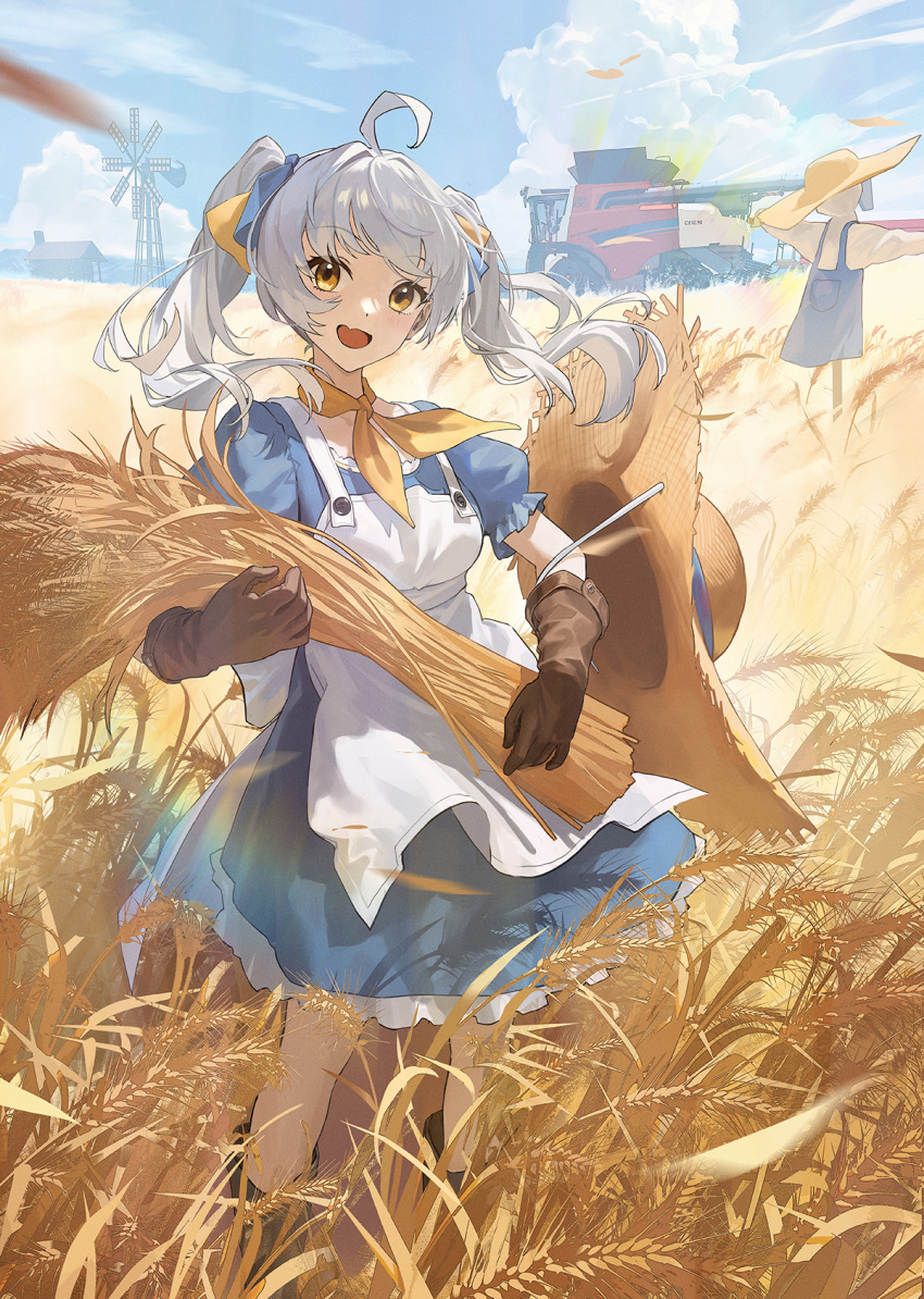 1girl :d ahoge apron blue_dress brown_gloves clouds day dress farm field gloves hat hat_removed headwear_removed highres house looking_at_viewer neck_ribbon open_mouth original outdoors ribbon scarecrow sky smile solo standing straw_hat tractor ttk_(kirinottk) twintails wheat wheat_field white_apron white_hair windmill yellow_eyes yellow_ribbon