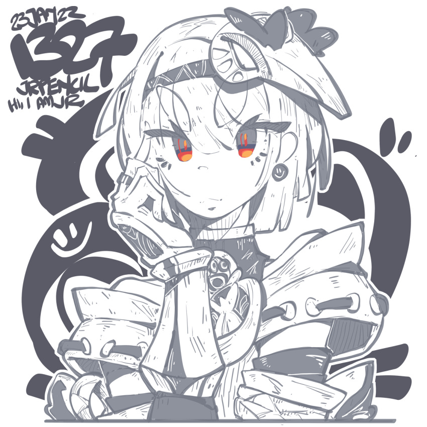 1girl artist_name bracer collarbone dated genshin_impact hair_behind_ear halterneck hand_on_own_head headband highres jewelry jrpencil kujou_sara looking_at_viewer mask mask_on_head monochrome orange_eyes portrait ring short_hair smile solo v-shaped_eyebrows
