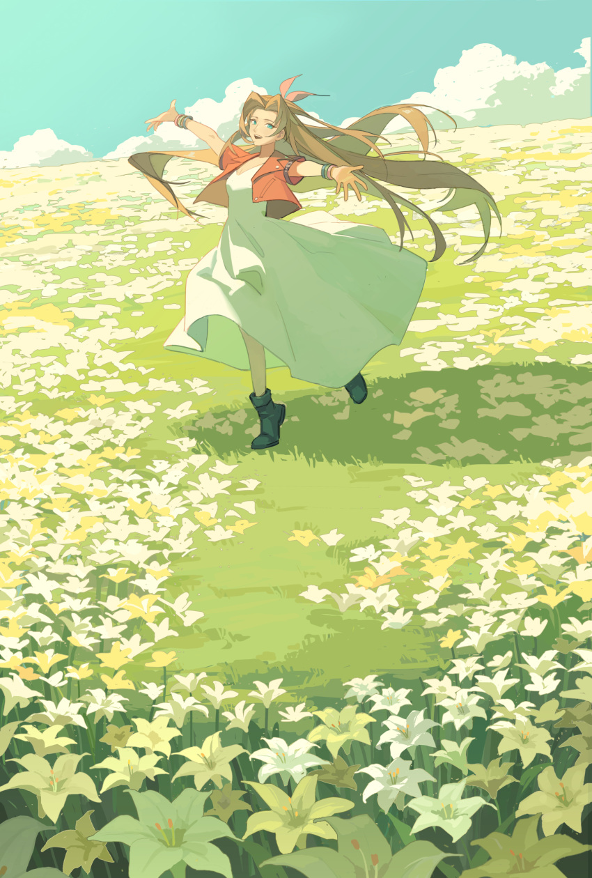 1girl absurdres aerith_gainsborough bangle boots bracelet breasts brown_footwear brown_hair clouds cloudy_sky cropped_jacket dancing dododo dress field final_fantasy final_fantasy_vii final_fantasy_vii_remake flower flower_field grass green_eyes hair_ribbon highres jacket jewelry lily_(flower) long_dress long_hair looking_at_viewer medium_breasts open_mouth outdoors outstretched_arms parted_bangs pink_ribbon ponytail red_jacket ribbon short_sleeves sky smile solo white_flower yellow_flower