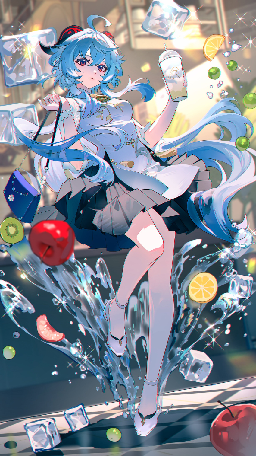 1girl absurdres ahoge apple bag black_skirt blue_hair breasts chromatic_aberration closed_mouth cup dress floor food fruit full_body ganyu_(genshin_impact) genshin_impact goat_horns grapes guaisen hair_between_eyes highres holding holding_bag holding_cup horns ice ice_cube indoors kiwi_(fruit) kiwi_slice lemon lemon_slice long_hair looking_at_viewer medium_breasts red_eyes shadow short_sleeves sidelocks skirt splashing strawberry strawberry_slice sunlight water white_footwear