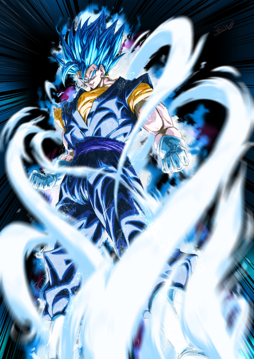 1boy absurdres aura biceps blue_eyes blue_hair blurry blurry_foreground boots clenched_hands dougi dragon_ball dragon_ball_super earrings electricity emphasis_lines gloves highres jewelry looking_ahead male_focus muscular muscular_male orange_shirt potara_earrings sash shirt signature smirk solo standing stynl_f super_saiyan super_saiyan_blue vegetto white_footwear white_gloves