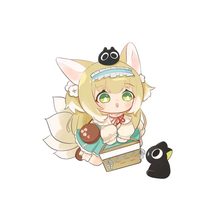:3 animal_ears aqua_hairband aqua_skirt arknights bag basket black_cat blonde_hair bobby_socks brown_bag brown_footwear cardigan cat chibi chinese_commentary commentary_request creature_on_head crossover fox_ears fox_girl fox_tail frilled_hairband frills green_eyes hair_ornament hair_scrunchie hairband heixiu highres holding holding_basket hu_ming_yu_shu kitsune kyuubi long_sleeves luo_xiaohei luo_xiaohei_zhanji multiple_tails neck_ribbon official_alternate_costume open_mouth puffy_long_sleeves puffy_sleeves red_ribbon ribbon round_bag scrunchie shoes shoulder_bag simple_background skirt socks suzuran_(arknights) suzuran_(spring_praise)_(arknights) tail white_background yellow_cardigan