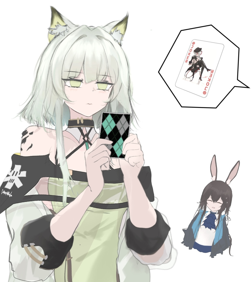 1other 3girls ambience_synesthesia amiya_(arknights) animal_ear_fluff animal_ears arknights ascot bare_shoulders black_jacket blue_ascot brown_hair card cat_ears cat_girl closed_eyes closed_mouth criss-cross_halter detached_collar doctor_(arknights) dress empty_eyes green_dress green_eyes grey_hair hair_between_eyes hair_intakes halterneck highres holding holding_card jacket joker_(card) kal'tsit_(arknights) long_hair mebe_(teadia_violet) medium_hair multiple_girls no_pupils off-shoulder_jacket off_shoulder oripathy_lesion_(arknights) parted_lips playing_card rabbit_ears rabbit_girl shirt simple_background smile spoken_object sweat upper_body w_(arknights) white_background white_shirt