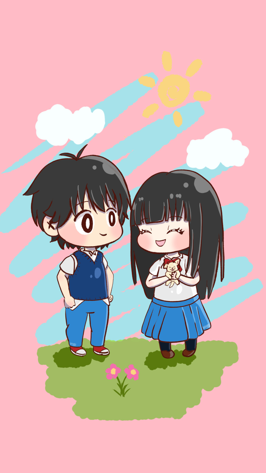 1boy 1girl :d absurdres animal black_eyes black_hair black_socks blue_pants blue_skirt blue_sweater_vest blush bow bowtie bright_pupils brown_footwear chibi closed_eyes closed_mouth clouds collared_shirt commentary_request day dog facing_another full_body grass hands_on_own_hips happy haru_(ahnu.bis) highres holding holding_animal holding_dog kazehaya_shouta kimi_ni_todoke kuronuma_sawako light_blue_background long_hair looking_at_another on_grass open_mouth outdoors pants pink_background pleated_skirt puppy red_bow red_bowtie red_footwear school_uniform shadow shirt shoes short_hair short_sleeves skirt smile socks standing summer_uniform sun sweater_vest two-tone_footwear untucked_shirt v-neck white_footwear white_pupils white_shirt