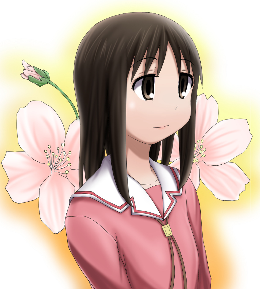 1girl arms_at_sides azumanga_daioh azumanga_daioh's_school_uniform breasts brown_eyes brown_hair brown_ribbon cherry_blossoms close-up closed_mouth commentary floral_background flower from_side gradient_background highres kasuga_ayumu light_smile looking_afar looking_ahead medium_hair morichan neck_ribbon pink_flower pink_serafuku pink_shirt portrait ribbon sailor_collar school_uniform serafuku shirt small_breasts smile solo upper_body white_background white_sailor_collar winter_uniform yellow_background