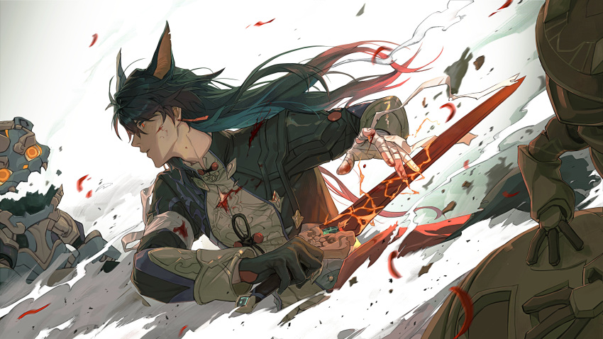 1boy absurdres animal_ears attack bandaged_arm bandaged_hand bandages black_gloves black_hair black_jacket blade_(honkai:_star_rail) blood blood_on_arm blood_on_face blood_on_hands deatiose dust earrings fighting floating_hair gloves hair_between_eyes highres holding holding_sword holding_weapon honkai:_star_rail honkai_(series) jacket jewelry long_hair long_sleeves male_focus parted_lips red_eyes serious single_glove solo_focus sword tassel tassel_earrings weapon