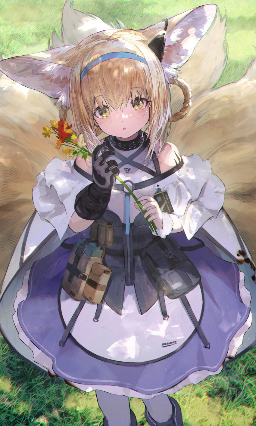 1girl absurdres animal_ear_fluff animal_ears arknights black_collar black_gloves blonde_hair blue_hairband braid braided_hair_rings clothing_cutout collar commentary_request dress earpiece feet_out_of_frame flower fox_ears fox_girl fox_tail gloves grass hair_rings hairband highres holding holding_flower infection_monitor_(arknights) kitsune kyuubi looking_at_viewer multiple_tails oripathy_lesion_(arknights) pantyhose parted_lips purple_dress shirataki_jiro short_hair short_sleeves shoulder_cutout single_glove single_wrist_cuff standing suzuran_(arknights) tail twin_braids wrist_cuffs yellow_eyes