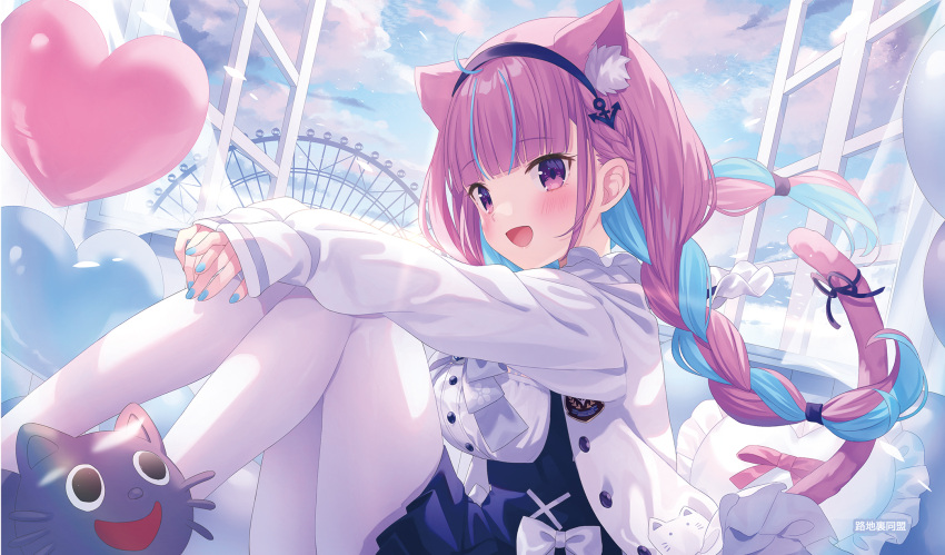 1girl :d ahoge anchor_hair_ornament animal_ear_fluff animal_ears aqua_hair aqua_nails balloon black_hairband black_ribbon blue_dress blunt_bangs blush braid breasts cat_ears cat_girl cat_tail comiket_100 commentary_request day dress eyelashes feet_out_of_frame ferris_wheel hair_ornament hairband happy heart heart_balloon heart_pillow highres hololive indoors jacket jimmy_madomagi knees_together_feet_apart knees_up large_breasts long_hair looking_at_viewer low_twin_braids minato_aqua multicolored_hair nail_polish open_clothes open_jacket open_mouth own_hands_together pillow pink_hair pink_tail ribbon second-party_source side_braid sitting sleeves_past_wrists smile solo streaked_hair tail tail_ornament tail_ribbon twin_braids violet_eyes virtual_youtuber white_jacket window