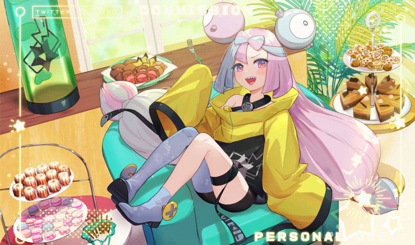 1girl :d blue_hair cake cookie food grey_thighhighs hair_ornament high_heels highres hsin iono_(pokemon) long_hair looking_at_viewer macaron pokemon pokemon_(game) pokemon_sv purple_hair red_eyes sharp_teeth sitting sleeves_past_wrists smile solo teeth thigh-highs twintails very_long_hair