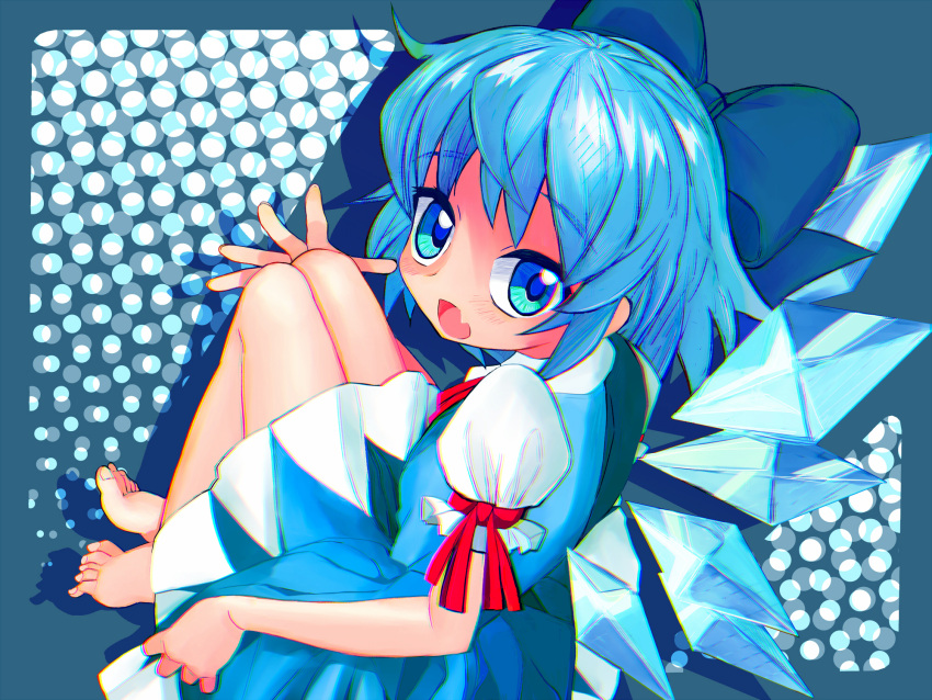 1girl aqua_eyes bare_legs barefoot blue_bow blue_dress blue_eyes blue_hair blue_pupils blue_wings bow chromatic_aberration cirno crossed_bangs detached_wings dress drop_shadow fairy fang hair_bow highres ice ice_wings light_blue_hair looking_at_viewer multicolored_eyes neck_ribbon open_mouth pinafore_dress puffy_short_sleeves puffy_sleeves red_ribbon ribbon shirt short_hair short_sleeves sitting skin_fang sleeve_ribbon sleeveless sleeveless_dress solo toenails touhou tsukiyono_aroe two-tone_dress white_dress white_shirt wings