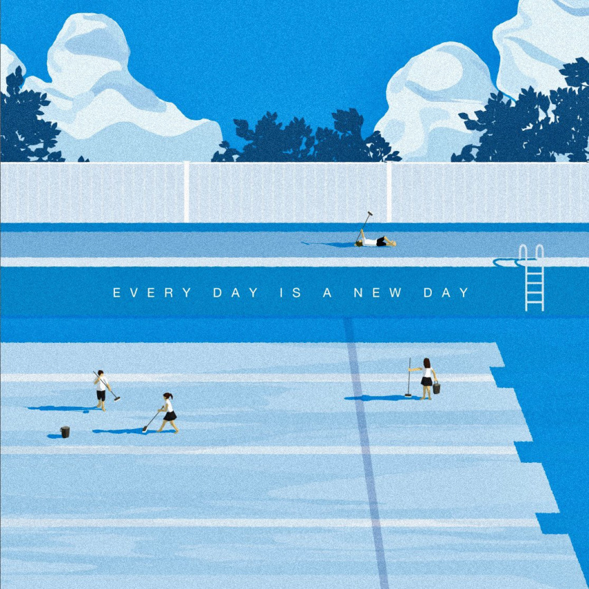 blue_sky cleaning clouds empty_pool english_text faceless hatelephant minimalism original people pool pool_ladder scenery sky