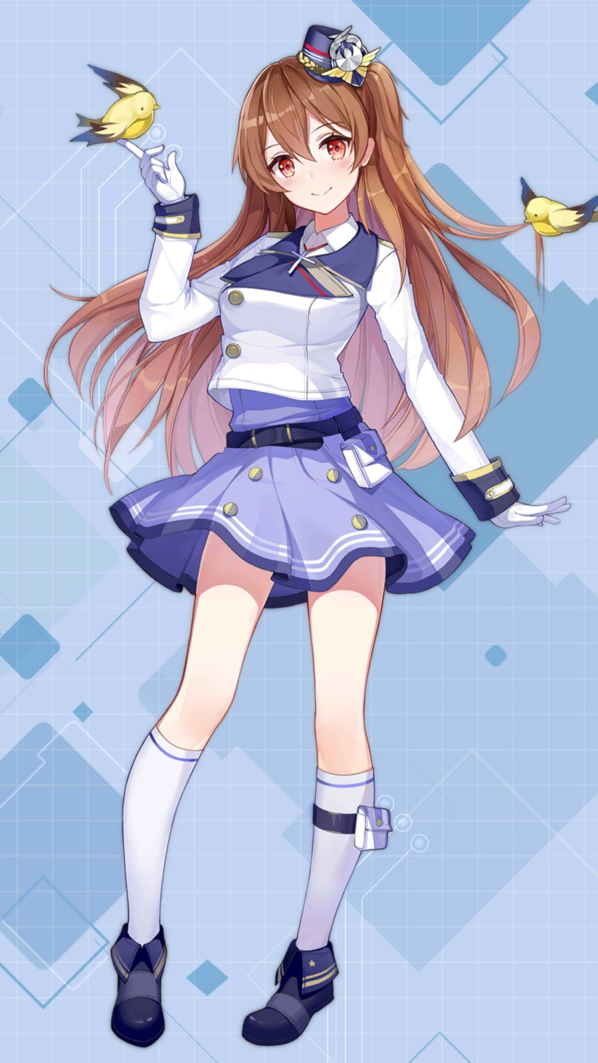 1girl belt belt_pouch bird bird_on_hand blue_background blue_belt blue_footwear blue_skirt blush brown_hair closed_mouth collared_shirt cross cross_necklace full_body girl_cafe_gun gloves grid_background hand_up hat highres holding_another's_hair index_finger_raised irene_white_(girl_cafe_gun) jacket jewelry legs_apart long_hair long_sleeves looking_at_viewer mini_hat miniskirt mouth_hold necklace official_art one_side_up pigeon-toed pouch red_eyes shako_cap shirt skirt smile socks solo standing thigh_pouch very_long_hair white_gloves white_jacket white_shirt white_socks yellow_bird