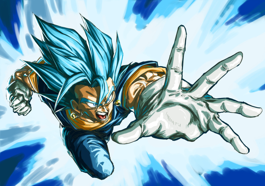 1boy aura blue_eyes blue_hair clenched_hand close-up dougi dragon_ball dragon_ball_super earrings gloves highres incoming_attack jewelry male_focus muscular muscular_male open_hand open_mouth orange_shirt outstretched_arm potara_earrings reaching shirt shouting solo spiky_hair stynl_f super_saiyan super_saiyan_blue teeth v-shaped_eyebrows vegetto veins white_gloves wide-eyed
