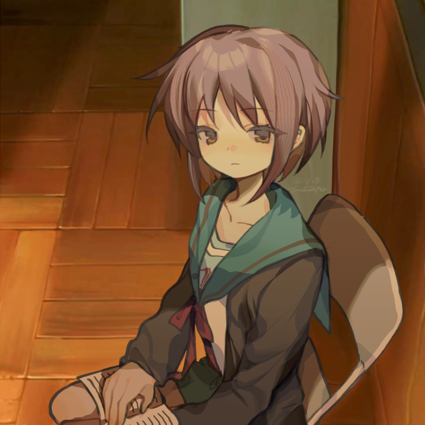 1girl black_jacket book_on_lap brown_eyes chair collarbone commentary expressionless feet_out_of_frame folding_chair from_above highres indoors jacket light_brown_hair long_sleeves looking_at_viewer nagato_yuki neckerchief no_eyewear on_chair red_neckerchief sailor_collar school_uniform serafuku shixiaoqina short_hair signature sitting solo suzumiya_haruhi_no_yuuutsu symbol-only_commentary wooden_floor