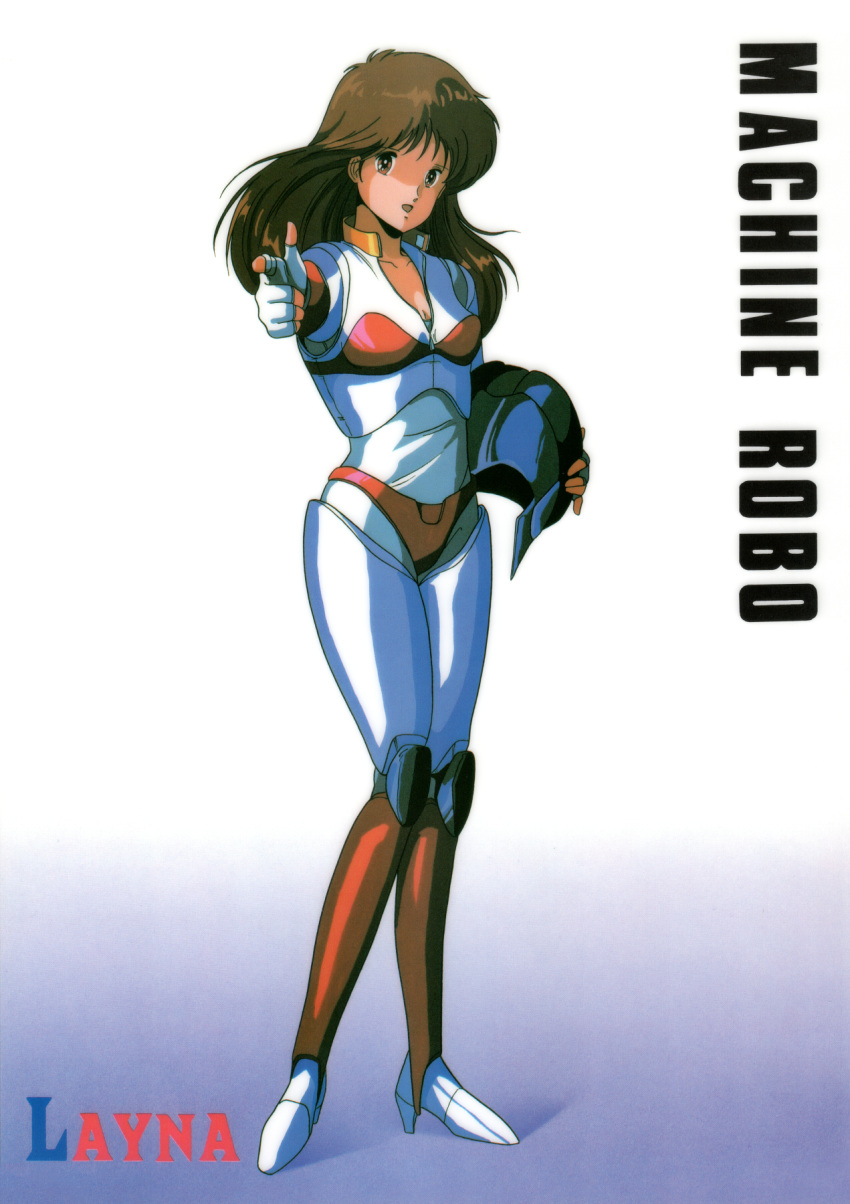 1980s_(style) 1girl brown_eyes brown_hair character_name copyright_name full_body helmet high_heels highres holding holding_helmet leina_stol long_hair looking_at_viewer machine_robo machine_robo_chronos_no_gyakushuu non-web_source official_art open_mouth outstretched_arm pointing pointing_at_viewer retro_artstyle solo standing unworn_headwear unworn_helmet
