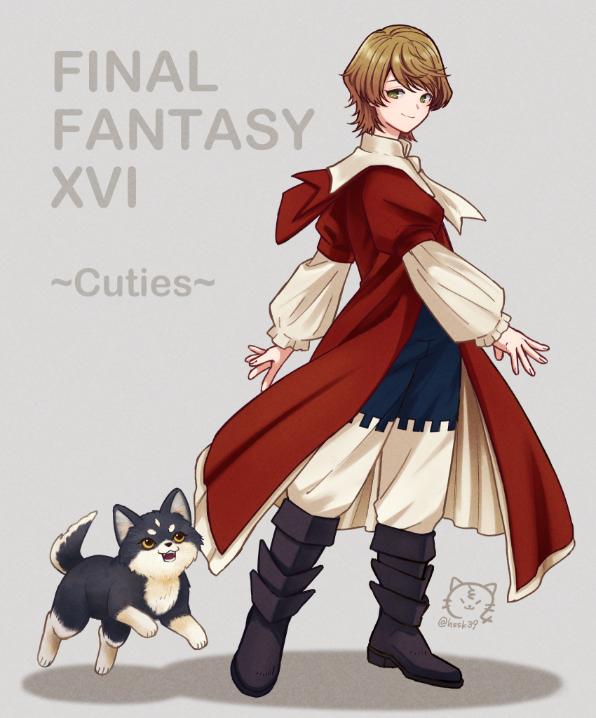 2boys black_footwear blonde_hair boots closed_mouth coat dog final_fantasy final_fantasy_xvi full_body green_eyes grey_background highres hssk39 joshua_rosfield juliet_sleeves long_sleeves male_focus multiple_boys open_mouth pants puffy_long_sleeves puffy_sleeves puppy red_coat shirt short_hair smile swept_bangs torgal_(ff16) twitter_username two-tone_fur white_pants white_shirt yellow_eyes
