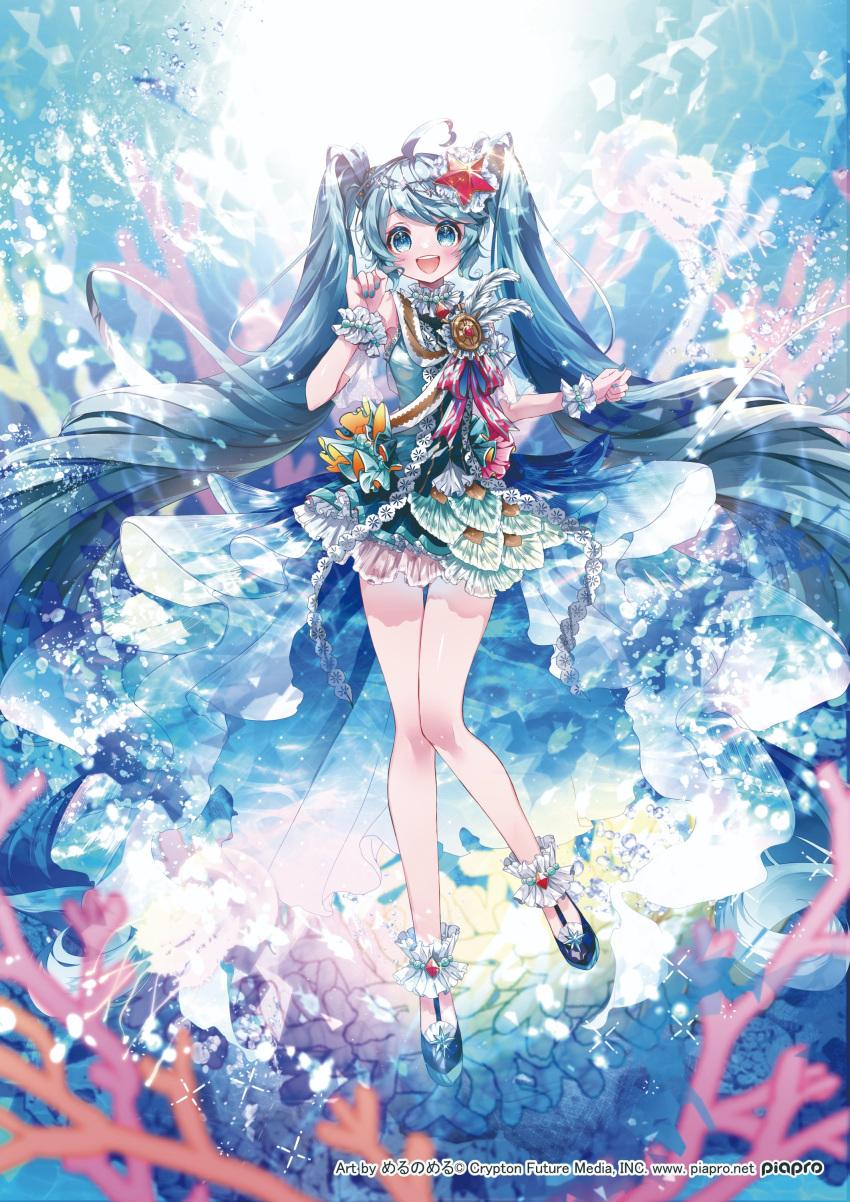 1girl :d absurdly_long_hair absurdres ahoge ankle_cuffs aqua_eyes aqua_hair aqua_nails artist_name bare_legs bare_shoulders blush copyright_name crypton_future_media feathers hands_up hatsune_miku heart heart_ahoge high_heels highres layered_skirt long_hair looking_at_viewer open_mouth piapro ribbon shirayuki_towa skirt smile solo starfish_hair_ornament twintails underwater very_long_hair vocaloid white_wrist_cuffs