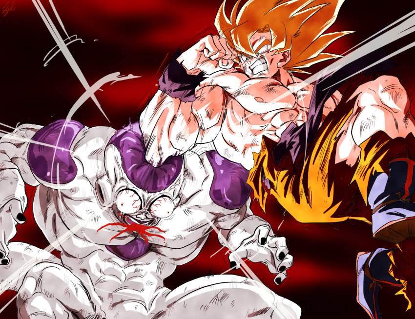 2boys abs angry attack biceps blonde_hair blood blood_spray boots bulging_eyes clenched_teeth dragon_ball dragon_ball_z fighting frieza highres looking_at_another male_focus motion_lines multiple_boys muscular muscular_male open_mouth outdoors pants pectorals red_sky sash signature sky son_goku spiky_hair stynl_f super_saiyan super_saiyan_1 tail teeth torn_clothes wide-eyed wristband