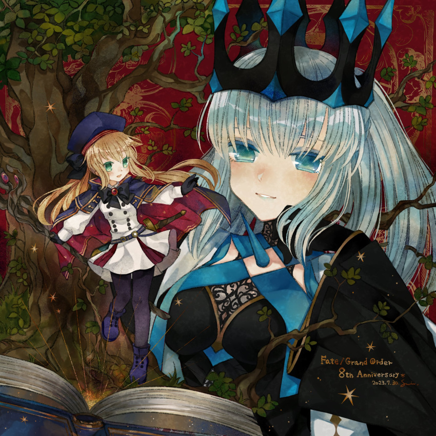2girls anniversary artoria_caster_(fate) artoria_caster_(second_ascension)_(fate) artoria_pendragon_(fate) black_dress black_pantyhose blonde_hair blue_cape blue_eyes blue_footwear blue_hair blue_headwear blush book cape crown dress fate/grand_order fate_(series) full_body green_eyes highres long_hair looking_at_another morgan_le_fay_(fate) morgan_le_fay_(queen_of_winter)_(fate) multiple_girls open_mouth pantyhose parted_lips sumifate tree upper_body
