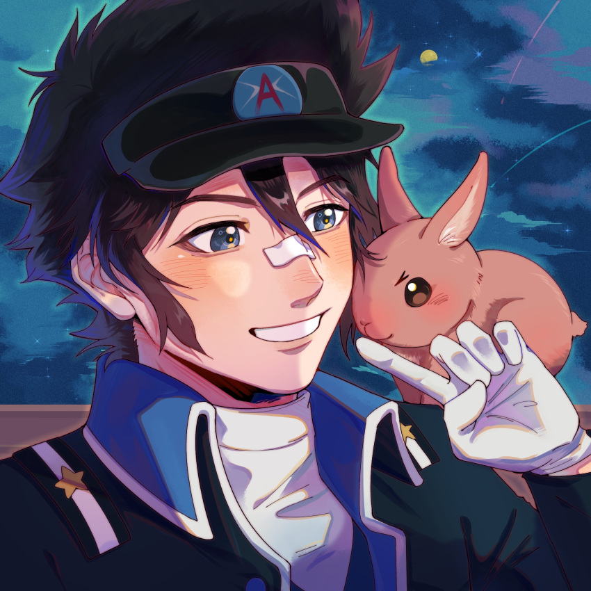 1boy ace_attorney animal animal_on_shoulder black_hair black_jacket blue_eyes blue_sky blush brown_rabbit buttons clay_terran clouds cloudy_sky collared_jacket finger_to_another's_mouth gloves grin hair_between_eyes highres jacket looking_at_animal m18280226378 male_focus moon night night_sky portrait rabbit shirt short_hair sidelocks sky smile solo spiky_hair star_(sky) starry_sky white_gloves white_shirt