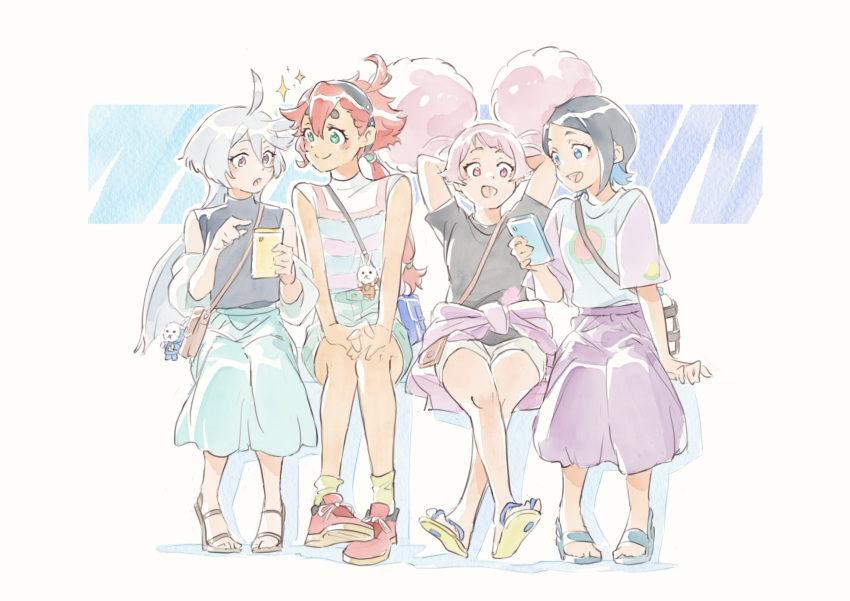 4girls absurdres ahoge arms_behind_head bag black_hair blue_eyes bottle cellphone chuatury_panlunch clothes_around_waist cool_(gundam_suisei_no_majo) green_eyes gundam gundam_suisei_no_majo hairband handbag highres holding holding_phone hots_(gundam_suisei_no_majo) keychain long_hair miorine_rembran multiple_girls nika_nanaura open_mouth phone pink_eyes pink_hair ponytail redhead sandals shirt shoes shorts simple_background sitting skirt smartphone smile sparkle suletta_mercury t-shirt thick_eyebrows violet_eyes water_bottle white_hair white_shirt yaco_(085)