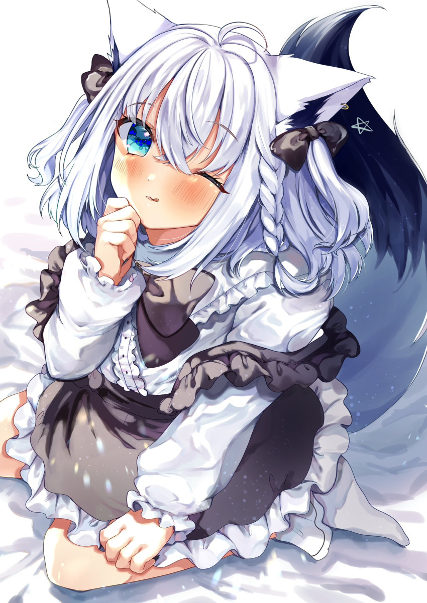 1girl ahoge animal_ear_fluff animal_ears bed_sheet black_bow blush bow braid commentary_request dress earrings fox_ears fox_girl fox_tail frilled_dress frills gothic_lolita green_eyes hair_between_eyes hair_bow highres hololive jewelry lolita_fashion long_hair looking_at_viewer menghuany52 one_eye_closed pentagram shirakami_fubuki sidelocks single_braid sitting socks tail tongue tongue_out two_side_up virtual_youtuber wariza white_hair white_socks